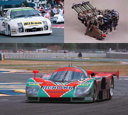 Upper left： The first RX-7 to finish a Le Mans race. Upper right： Type R26B four-rotor rotary engine of 700-horse power installed on Mazda 787B. Lower：Mazda 787B